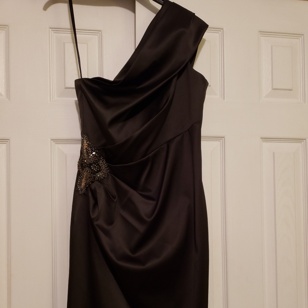 Black satin cocktail dress with rhinestone detail